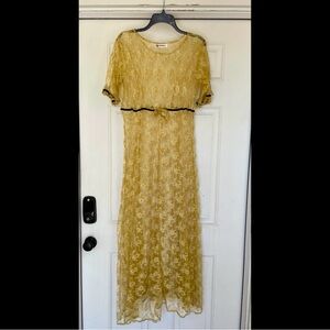Vintage Sheer Yellow Crinkled Lacy Maxi Dress by Alexander Brown Whimsical Sz 6